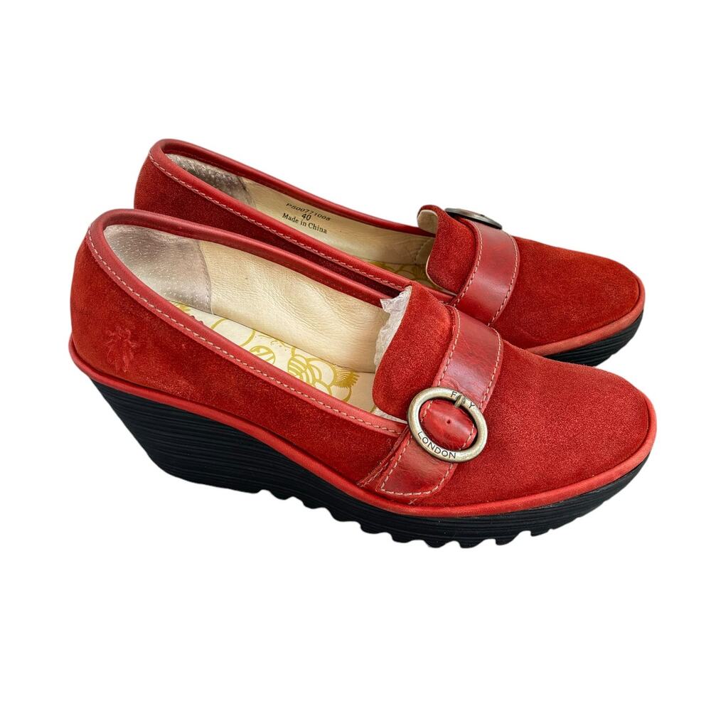 FLY LONDON YOND SUEDE WEDGE SLIP-ON LOAFERS WITH BUCKLE WOMEN SIZE US 9-9.5/EU40